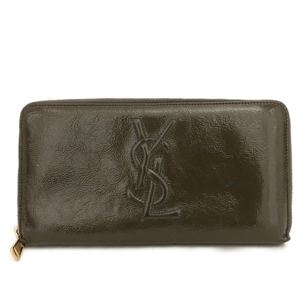 Yves Saint Laurent Olive Green Patent Leather Zip Wallet with YSL Logo